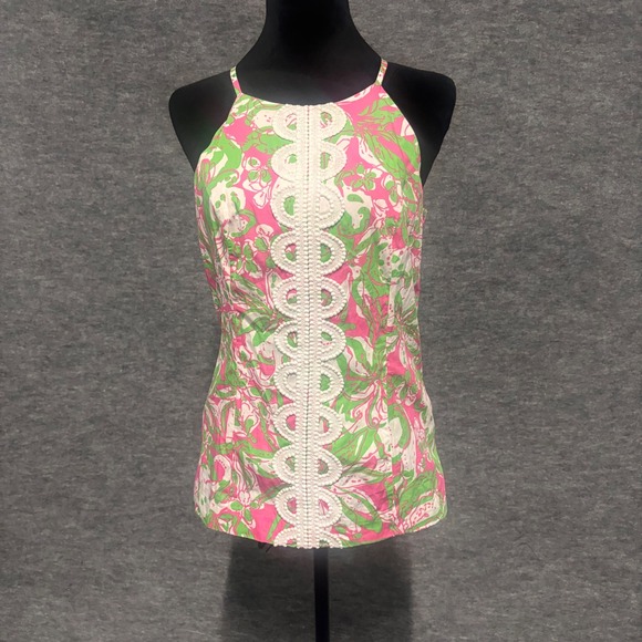 Lilly Pulitzer Tops - Lilly Pulitzer Annabelle Top Womens Size 6 Pink‎ Green Floral Lace Cotton